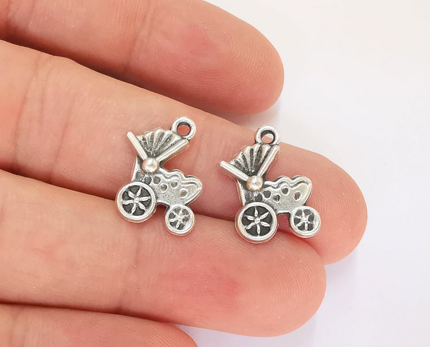 10 Baby Stroller Antique Silver Plated Charms (18x13mm)  G23115