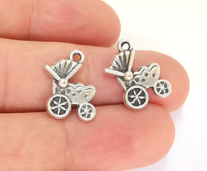 10 Baby Stroller Antique Silver Plated Charms (18x13mm)  G23115