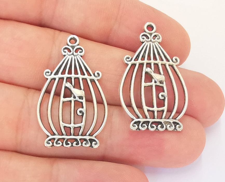 4 Bird Cage Charms Antique Silver Plated Charms (34x20mm) G22793