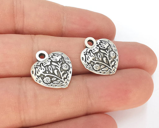 4 Heart Flower Charms (Double Sided) Antique Silver Plated Charms (19x17mm)  G23153