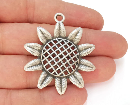 2 Sunflower Charms Antique Silver Plated Charms (48x41mm)  G23154