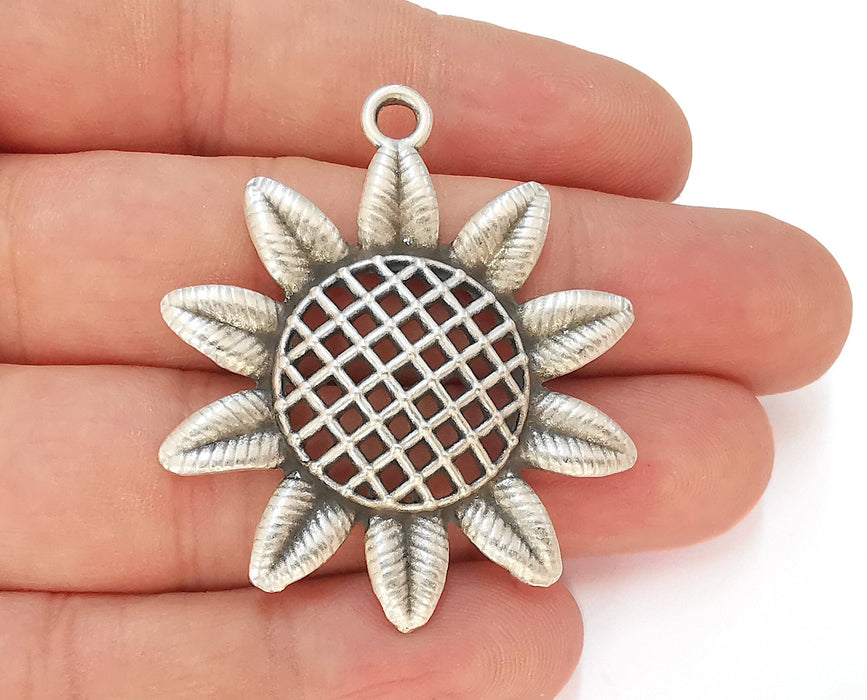 2 Sunflower Charms Antique Silver Plated Charms (48x41mm)  G23154