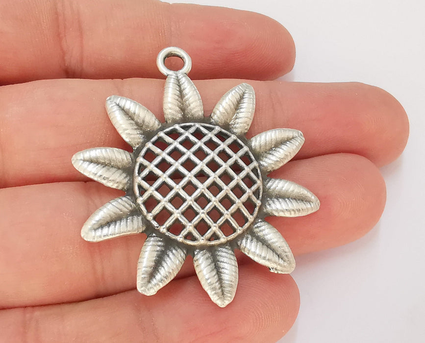 2 Sunflower Charms Antique Silver Plated Charms (48x41mm)  G23154