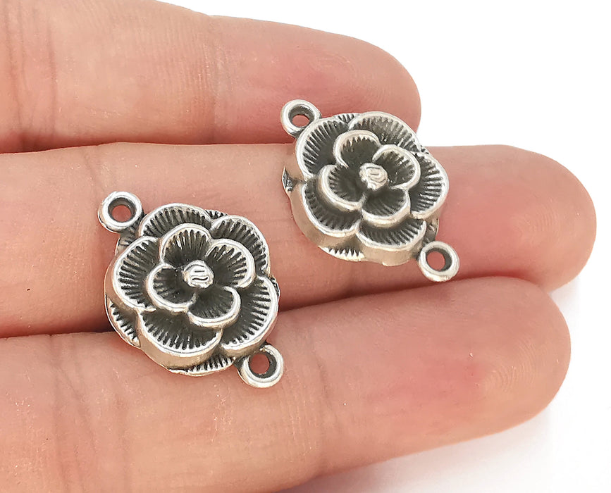 2 Flower Charms Connector Antique Silver Plated Charms (25x17mm)  G23157