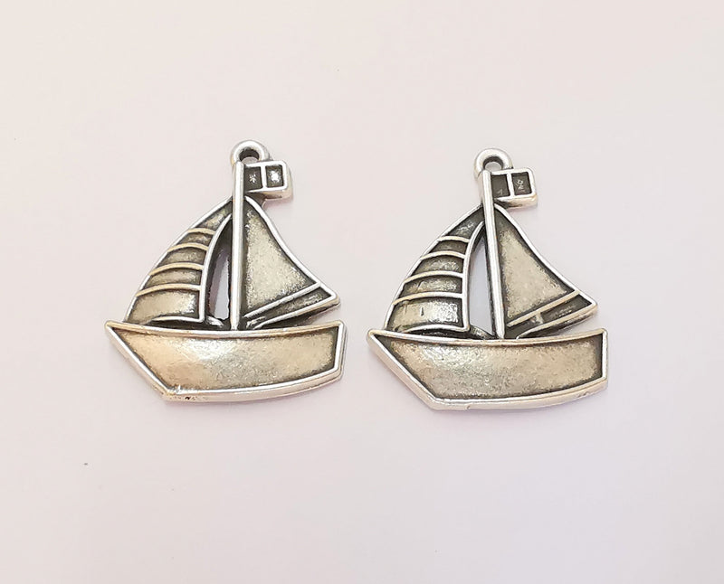 2 Sailing Ship Charms Antique Silver Plated Charms (30x25mm)  G23162