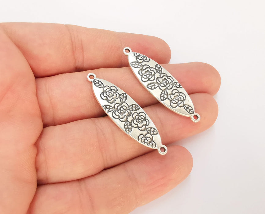 2 Flower Charms Connector (Double Sided) Antique Silver Plated Charms (43x13mm)  G23164