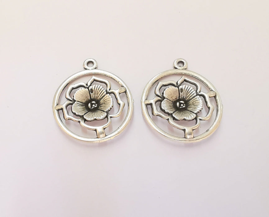 4 Flower Charms Antique Silver Plated Charms (33x27mm) G23172