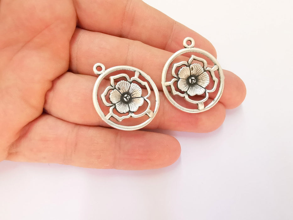 4 Flower Charms Antique Silver Plated Charms (33x27mm) G23172