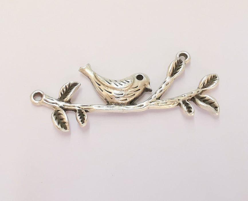 2 Bird and Leaf Branch Connector Pendant Antique Silver Plated Pendant (57x22mm) G23174