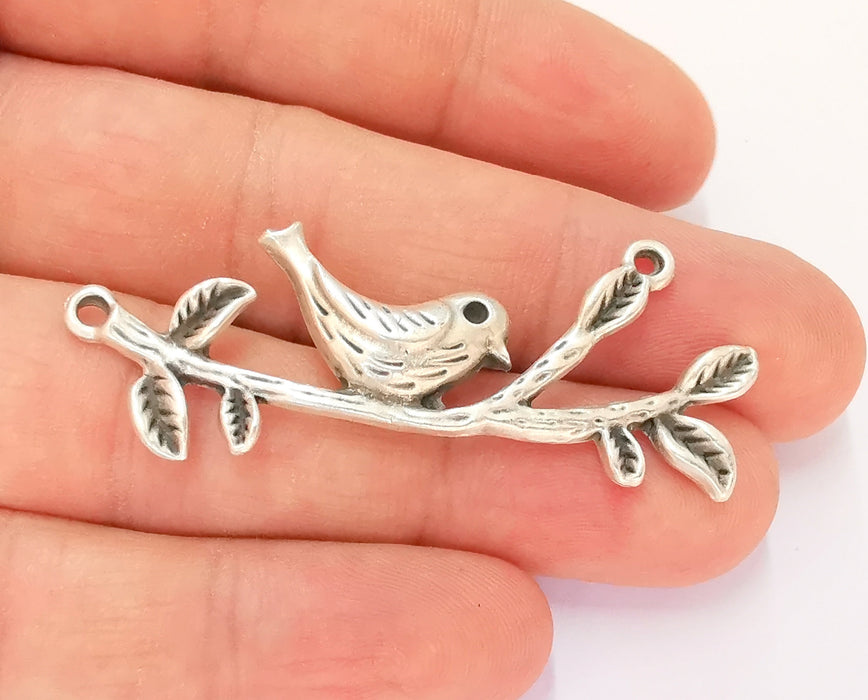 2 Bird and Leaf Branch Connector Pendant Antique Silver Plated Pendant (57x22mm) G23174