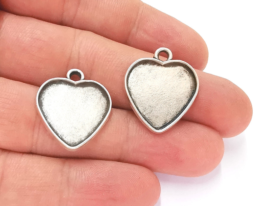 2 Heart Charms Blank Bezel Resin Bezel Mosaic Mountings Antique Silver Plated Charms (25x21mm)( 19x18 mm Bezel Inner Size)  G23183