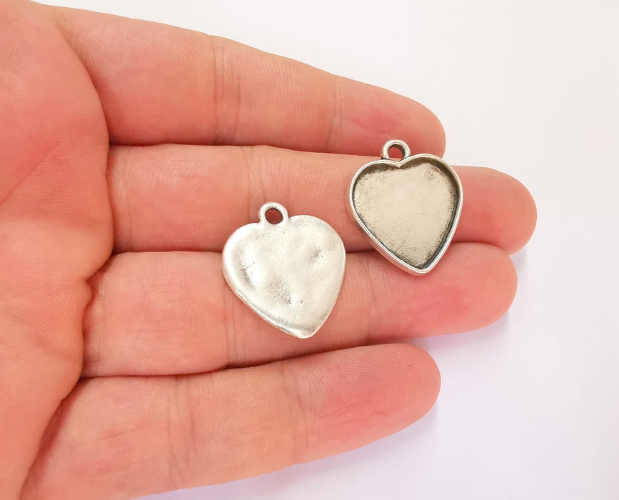 2 Heart Charms Blank Bezel Resin Bezel Mosaic Mountings Antique Silver Plated Charms (25x21mm)( 19x18 mm Bezel Inner Size)  G23183