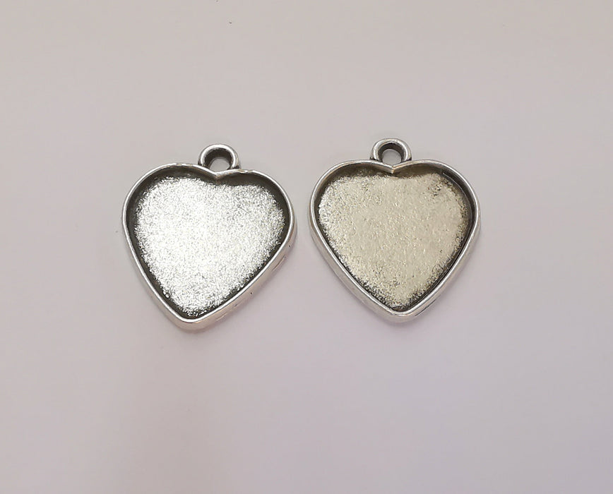 2 Heart Charms Blank Bezel Resin Bezel Mosaic Mountings Antique Silver Plated Charms (25x21mm)( 19x18 mm Bezel Inner Size)  G23183