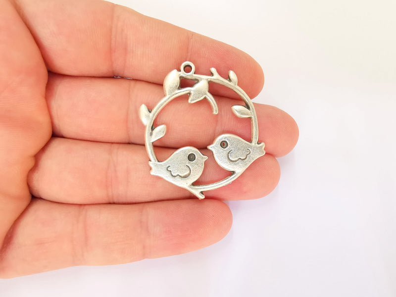 2 Bird and Leaf Branch Charms Antique Silver Plated Charms (39x36mm) G23185