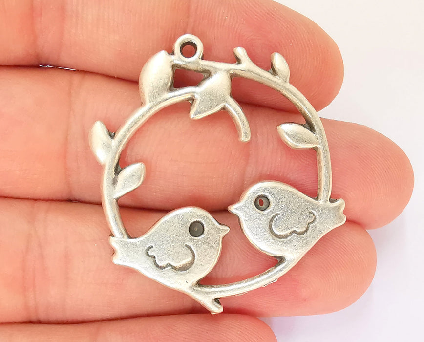 2 Bird and Leaf Branch Charms Antique Silver Plated Charms (39x36mm) G23185