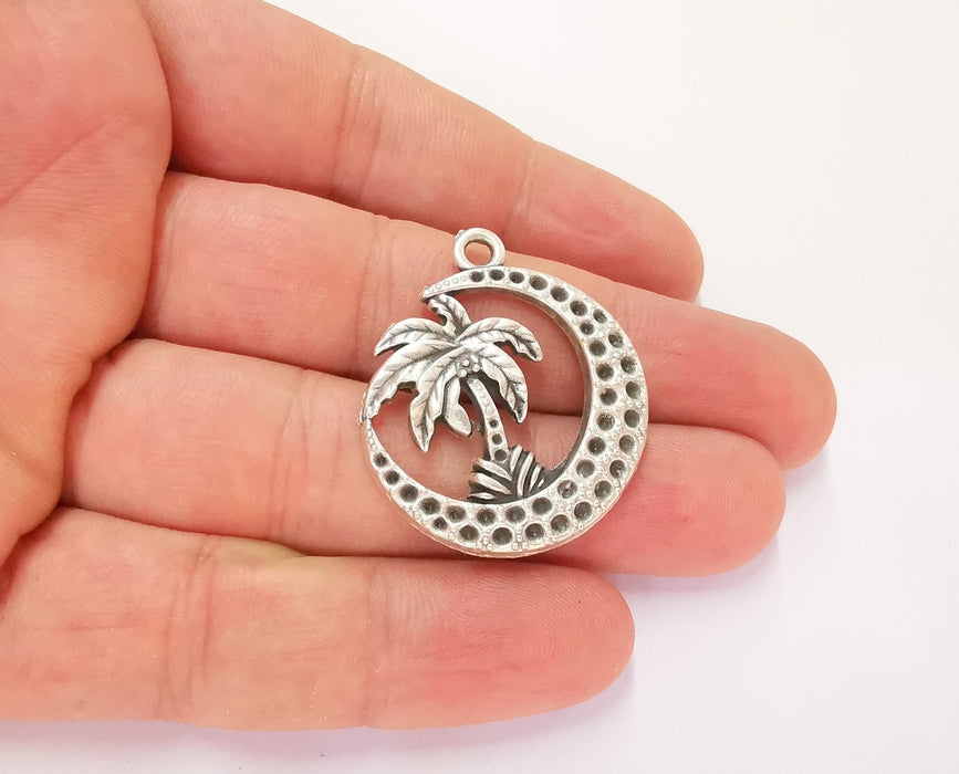 2 Palm Crescent Charms Antique Silver Plated Charms (37x32mm)  G23186