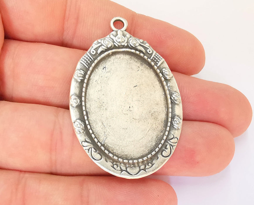 Flowers Frame Pendant Blank Antique Silver Plated Pendant (52x34mm) (34x24mm Blank Size)  G23189