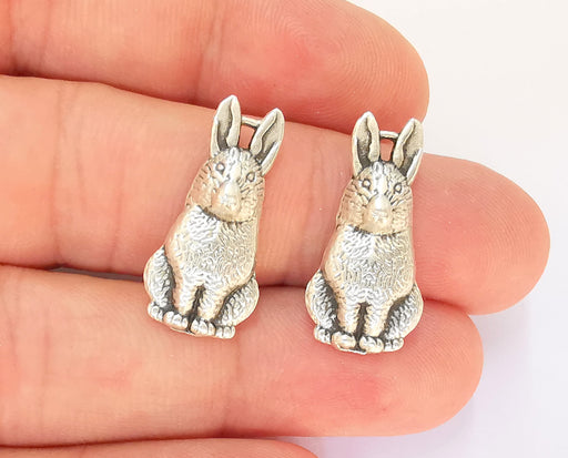 4 Rabbit Charms Antique Silver Plated Charms (26x12mm)  G23192