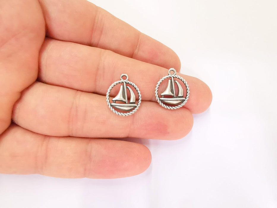 10 Sailing Ship Charms Antique Silver Plated Charms (18x15mm)  G23205