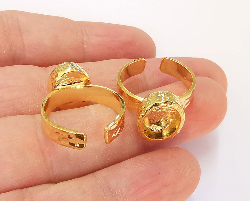 Gold Ring Blank Setting Cabochon Base Ring Hammered Mounting Adjustable Ring Bezel (10x8mm blank ) 24K Shiny Gold Plated  G22841