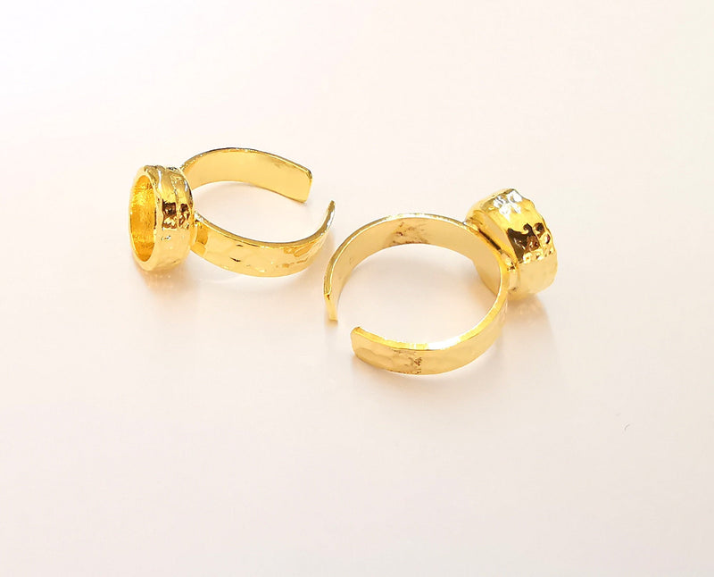 Gold Ring Blank Setting Cabochon Base Ring Hammered Mounting Adjustable Ring Bezel (10x8mm blank ) 24K Shiny Gold Plated  G22841