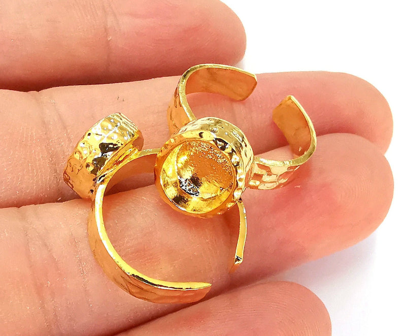 Gold Ring Blank Setting Cabochon Base Ring Hammered Mounting Adjustable Ring Bezel (10x8mm blank ) 24K Shiny Gold Plated  G22841