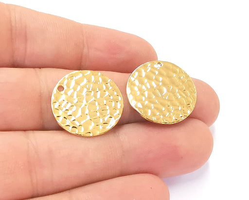 2 Hammered Round Charms 24K Shiny Gold Plated Brass Charms (21 mm)  G23237
