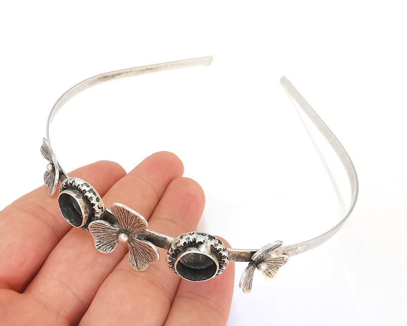 Flowers Crown Headband Base Blanks Circlet Settings Antique Silver Plated Brass Adjustable (2x 10mm Bezel Size)  G22860