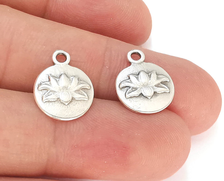 10 Lotus Flowers (Double Sided) Charm Antique Silver Plated Charms (16x13mm) G22871