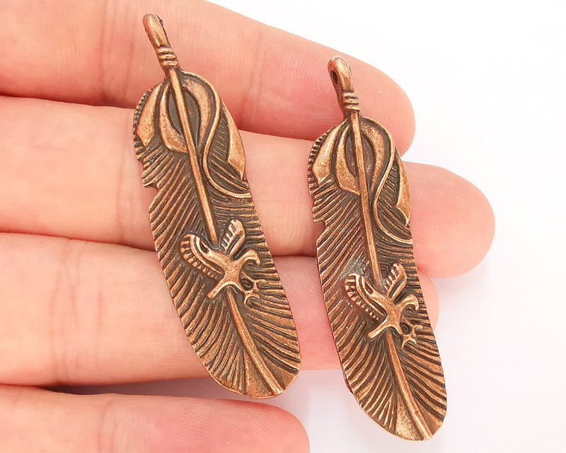 2 Feather Charms Antique Copper Plated Charms (55x15mm)  G22882