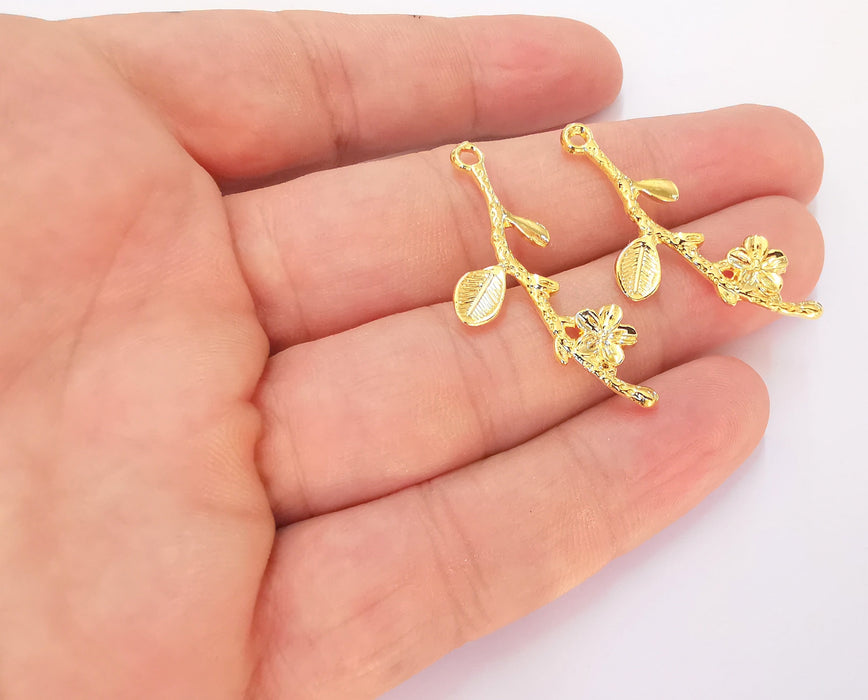 2 Flower Branch Charms 24K Shiny Gold Plated Charms  (40x16mm)  G22900
