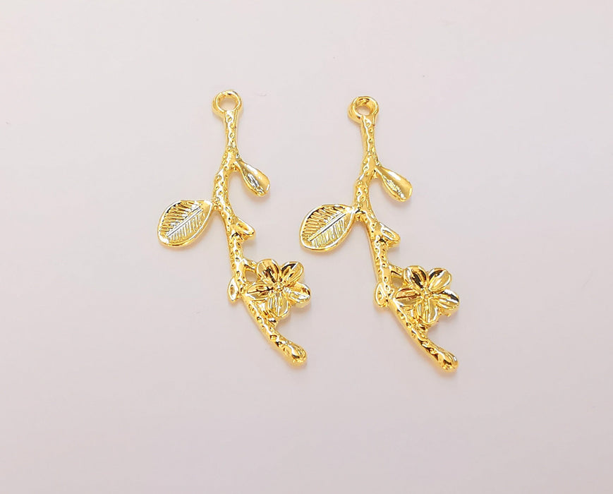 2 Flower Branch Charms 24K Shiny Gold Plated Charms  (40x16mm)  G22900