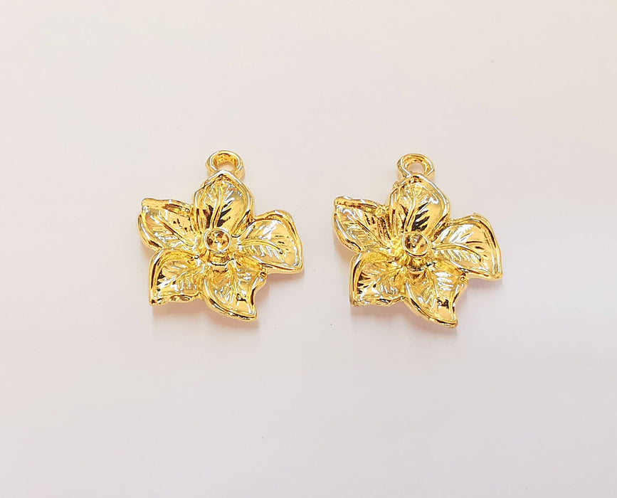 2 Flower Charms Bezel Blank 24K Shiny Gold Plated Charms (25x22mm)  G23292