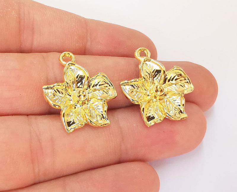 2 Flower Charms Bezel Blank 24K Shiny Gold Plated Charms (25x22mm)  G23292
