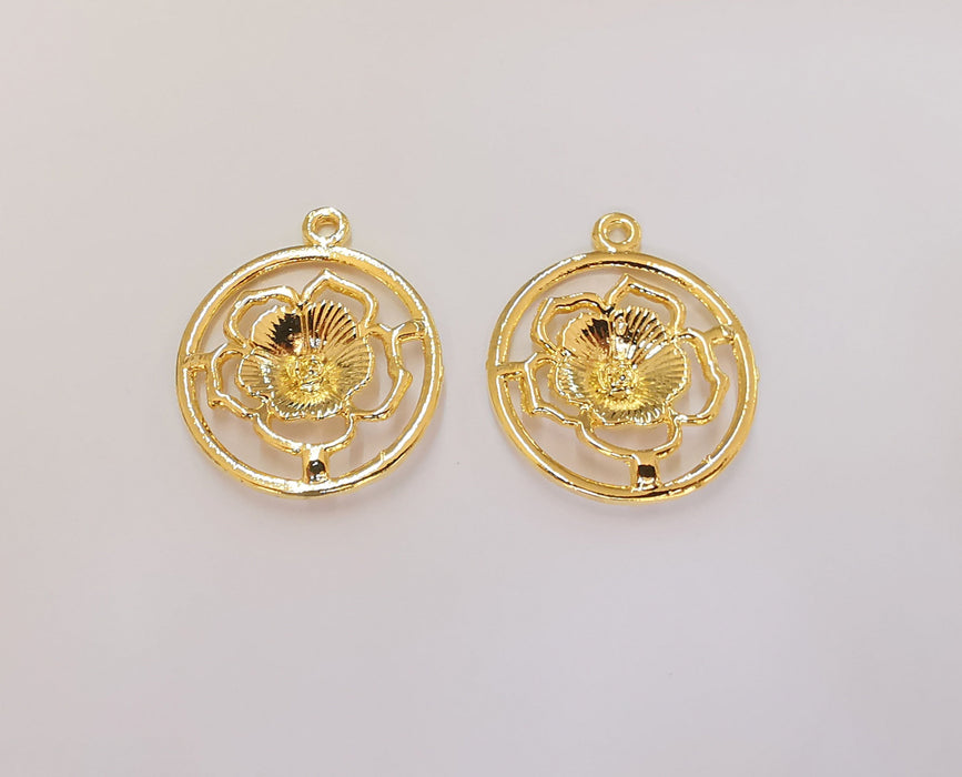 2 Flower Charms 24K Shiny Gold Plated Charms (33x27mm)  G23293