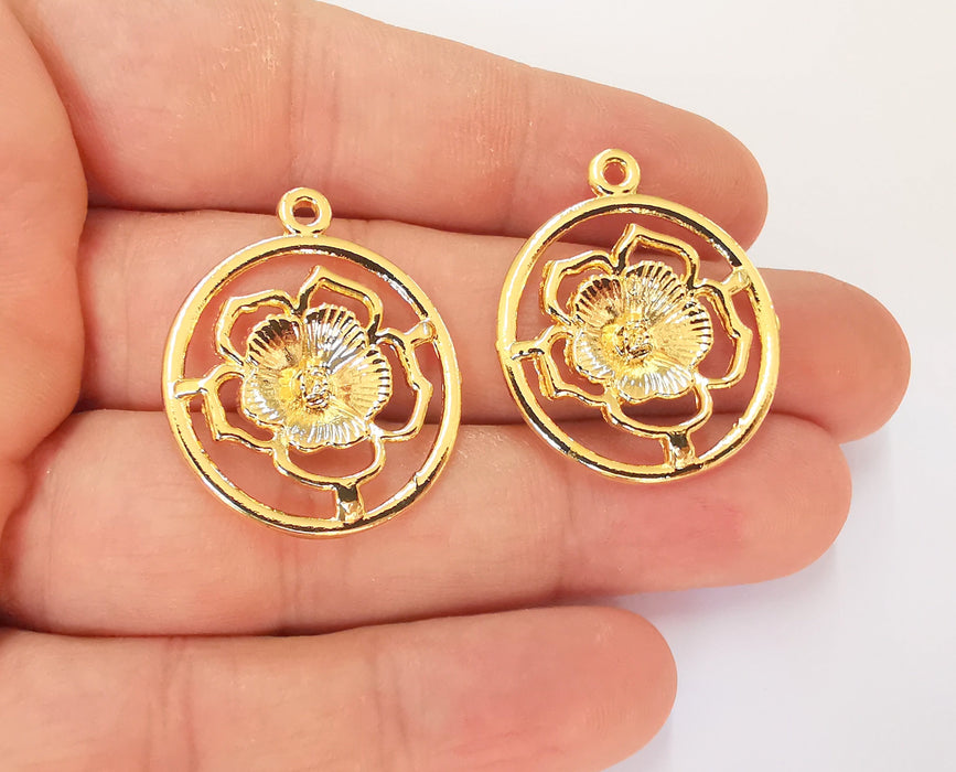 2 Flower Charms 24K Shiny Gold Plated Charms (33x27mm)  G23293