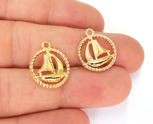 2 Sailing Boat Ship Charms (Double Sided) 24K Shiny Gold Plated Charms (18x16mm)  G23298