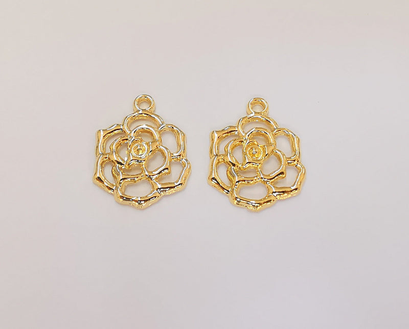 4 Flower Charms 24K Shiny Gold Plated Charms (22x17mm)  G23302