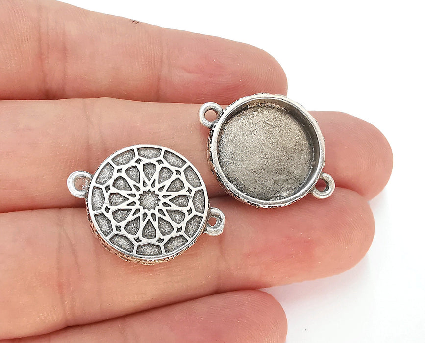 4 Silver Pendant Connector Blank Bezel Base Setting Necklace Blank Resin Blank Mountings Antique Silver Plated  (17mm )  G22877