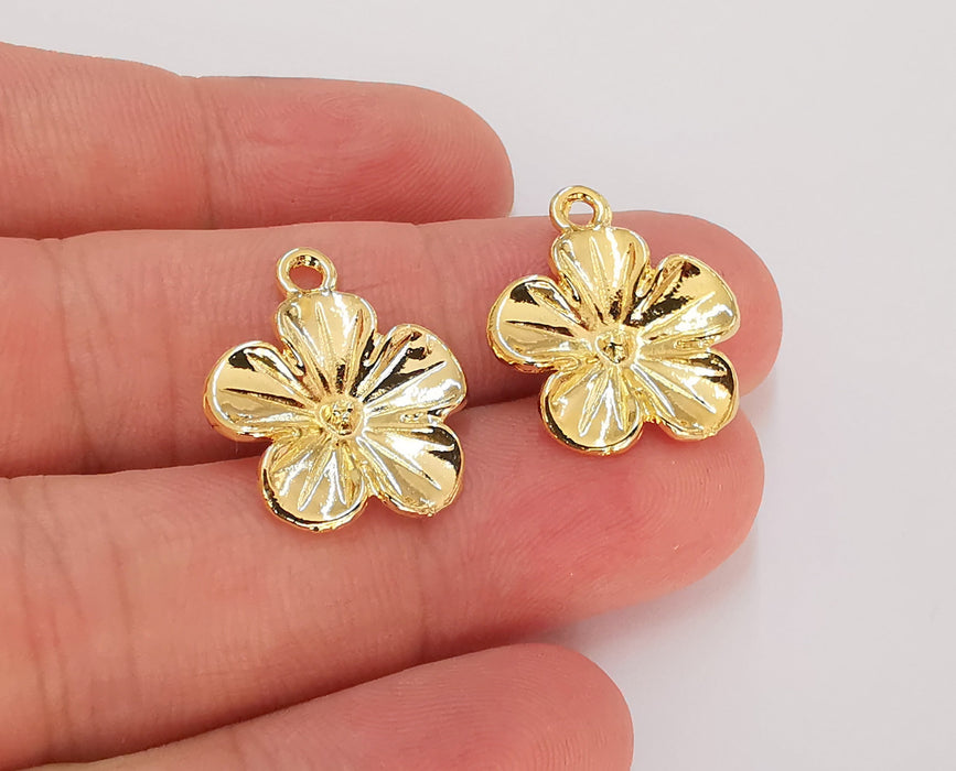 2 Flower Charms 24K Shiny Gold Plated Charms  (22x19mm)  G22914