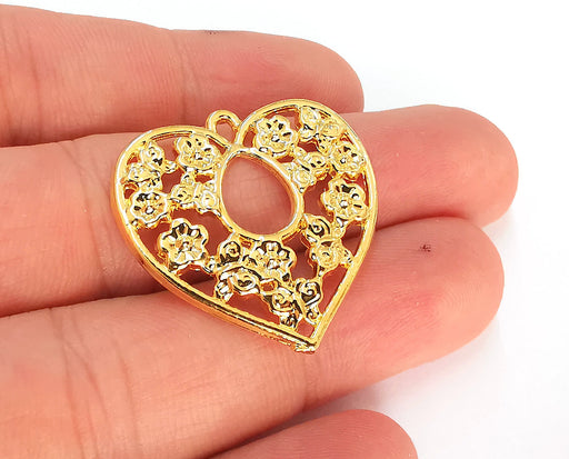 2 Hearts Flower Charms 24k Shiny Gold Plated Charms (31x31mm)  G22919