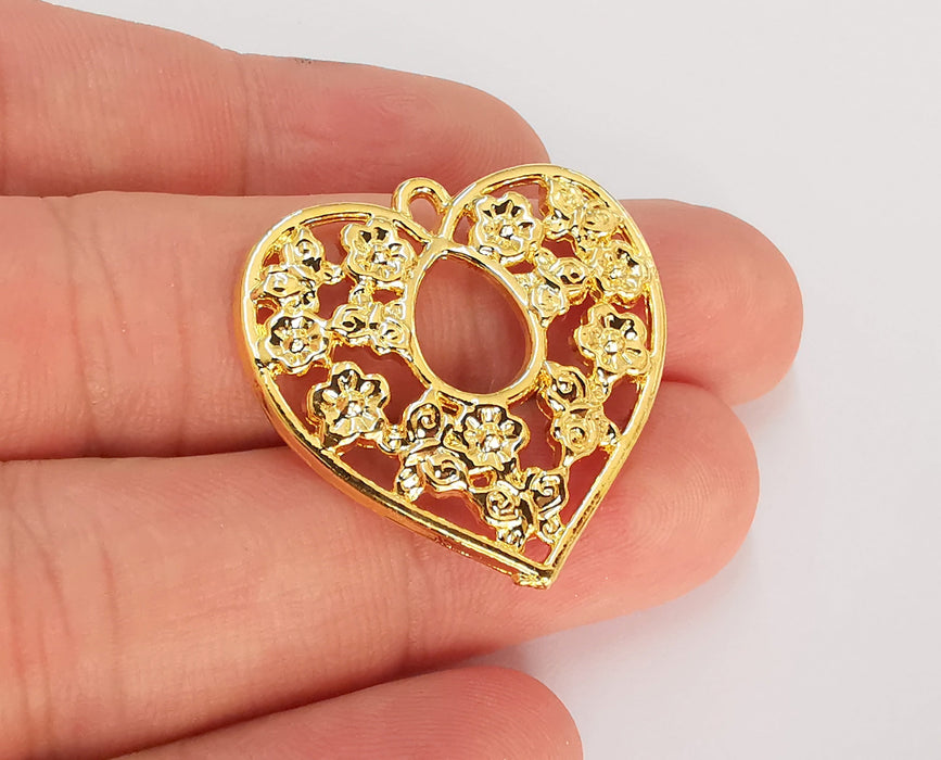 2 Hearts Flower Charms 24k Shiny Gold Plated Charms (31x31mm)  G22919