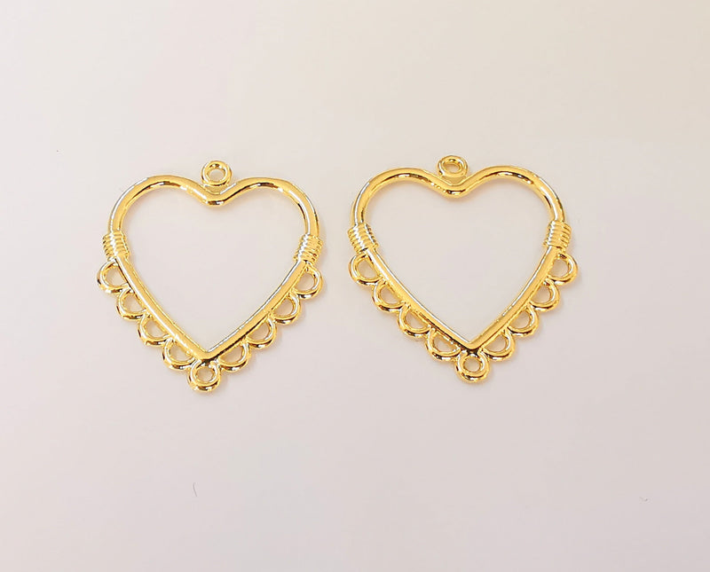 2 Heart Charms Connector 24K Shiny Gold Plated Charms (30x27mm)  G23333