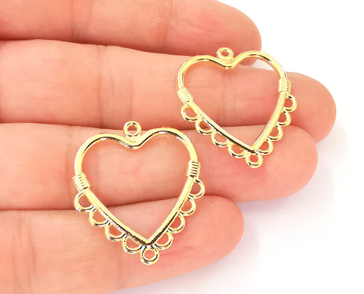 2 Heart Charms Connector 24K Shiny Gold Plated Charms (30x27mm)  G23333