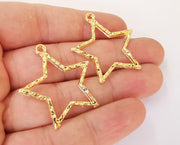 2 Hammered Shiny Star Charms 24K Shiny Gold Plated Charms (37x35mm)  G23337