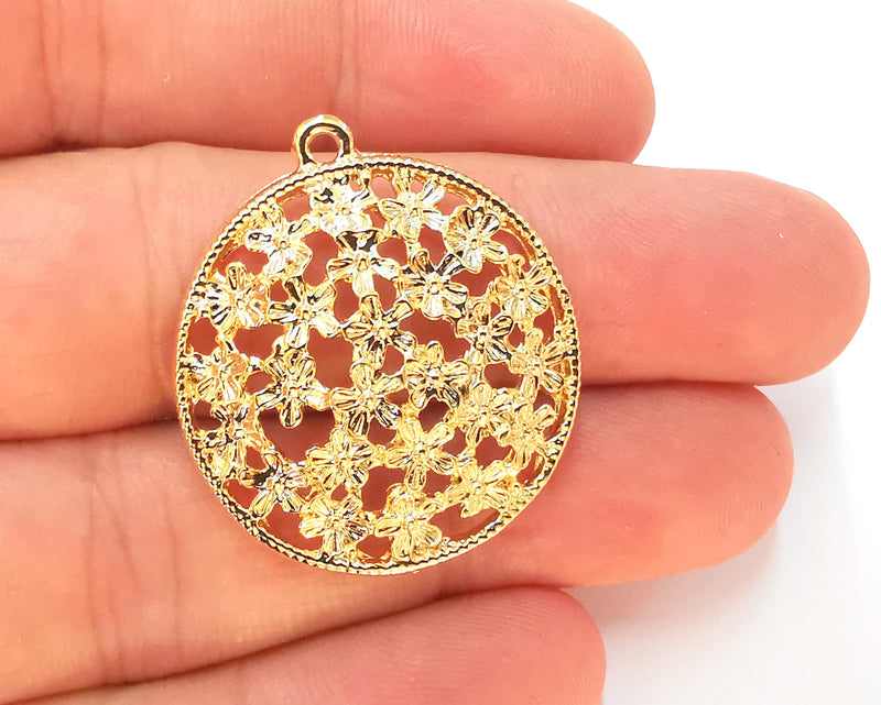 2 Domed Flowers Charms 24k Shiny Gold Plated Charms (33x30mm)  G22927