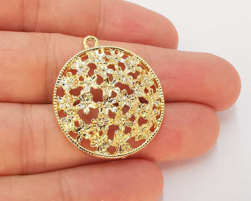 2 Domed Flowers Charms 24k Shiny Gold Plated Charms (33x30mm)  G22927