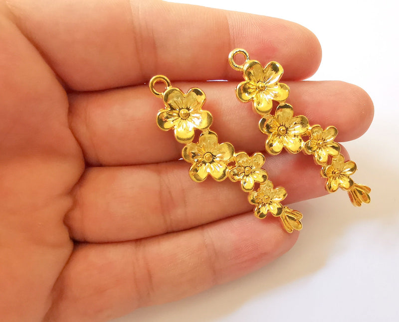 2 Flower Charms 24k Shiny Gold Plated Charms (56x15mm)  G22943