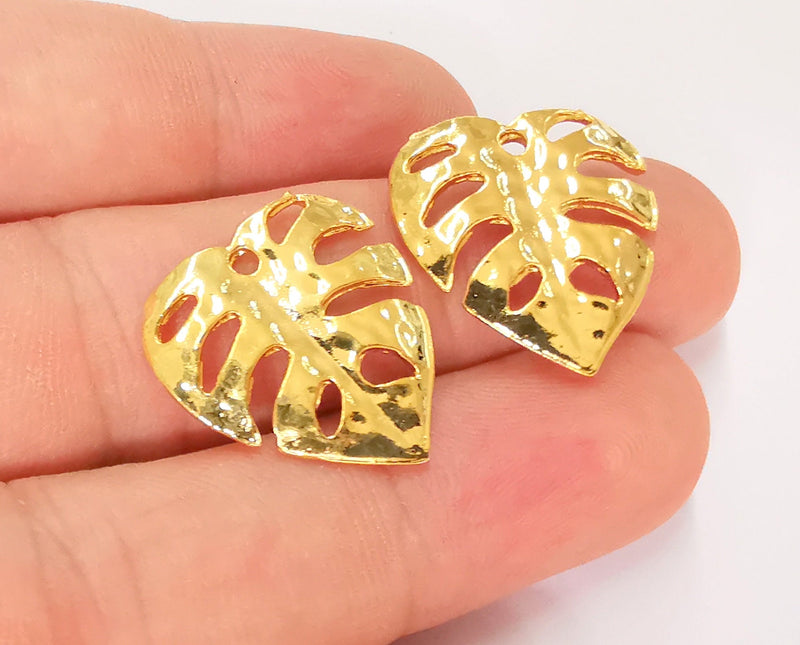 2 Monstera Leaf Charms 24K Shiny Gold Plated Charms  (22x21mm)  G22946
