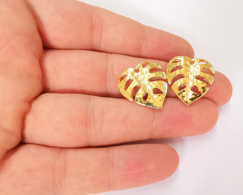 2 Monstera Leaf Charms 24K Shiny Gold Plated Charms  (22x21mm)  G22946